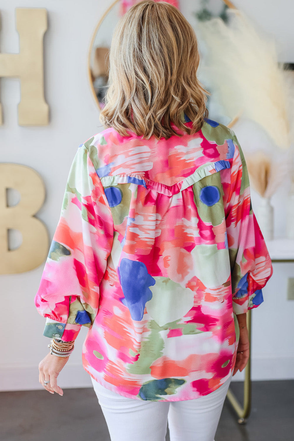 Abstract Printed Lantern Sleeve Frilled Button Front Collared Shirt | Multicolour