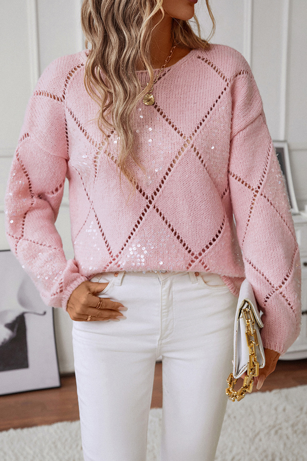 Hollowed Rhombus Pattern Sequin Detail Round Neck Sweater | Light Pink