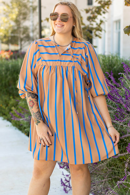 Contrast Striped Print 3/4 Sleeve Babydoll Plus Size Dress | Khaki Stripe