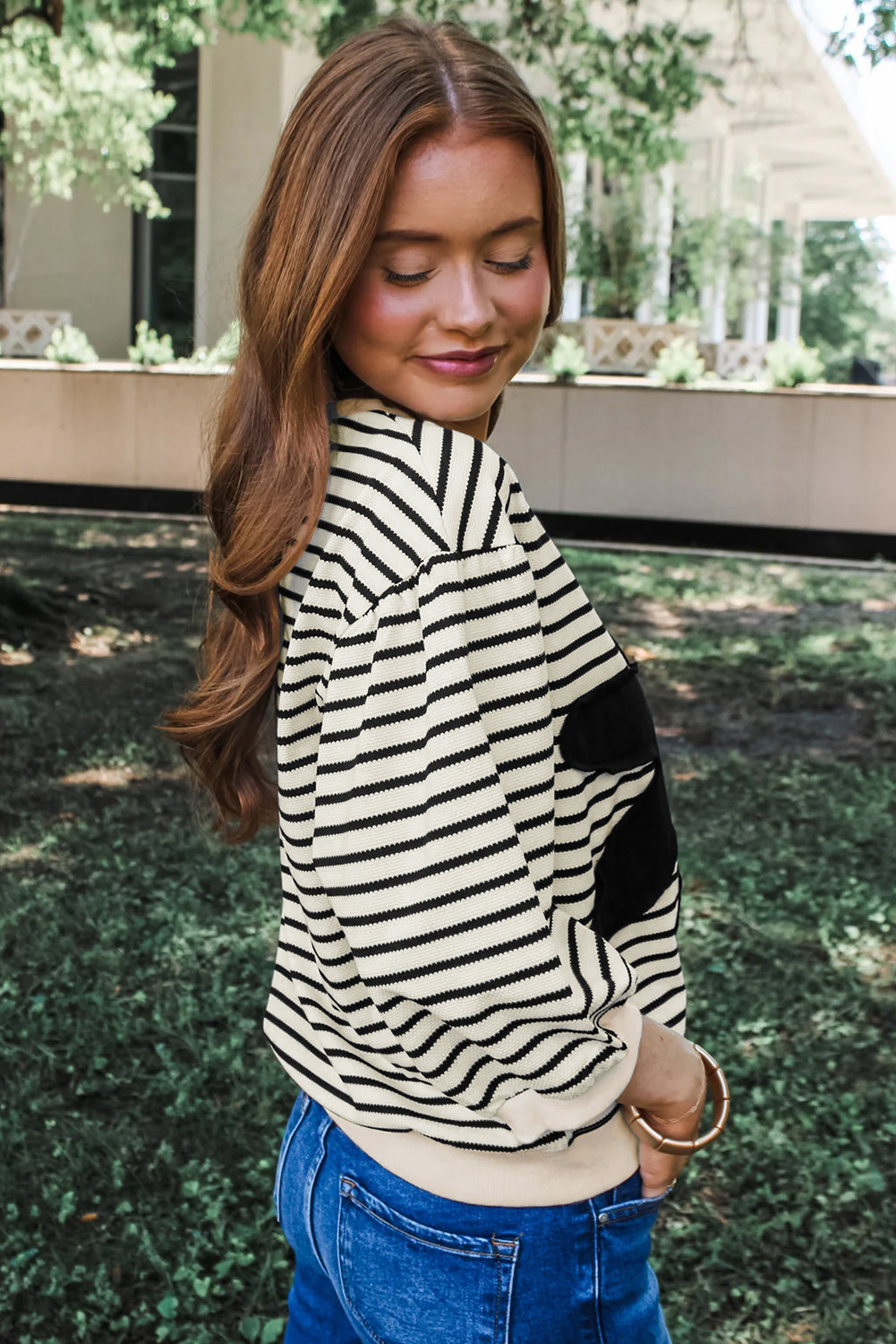 Black White Striped Big Flower Patched 3/4 Sleeve Top | Black white