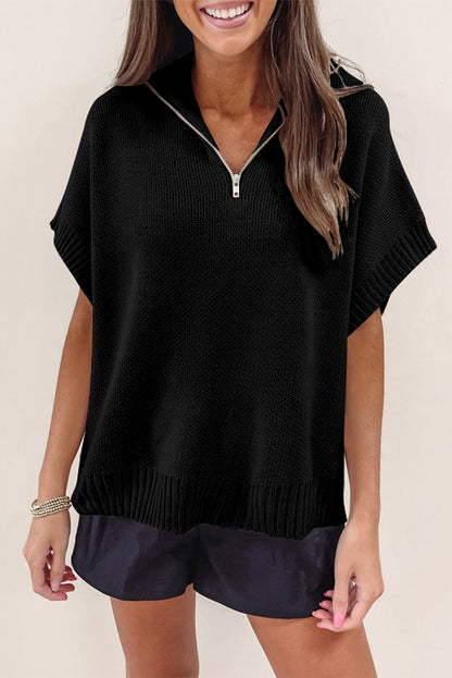 Quarter Zip Short Batwing Sleeve Sweater | Black