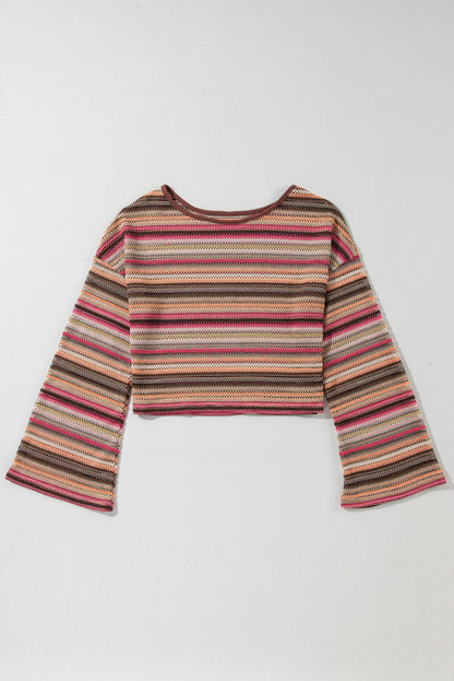 Ethnic Striped Wide Cropped Long Sleeve Top | Rose Red