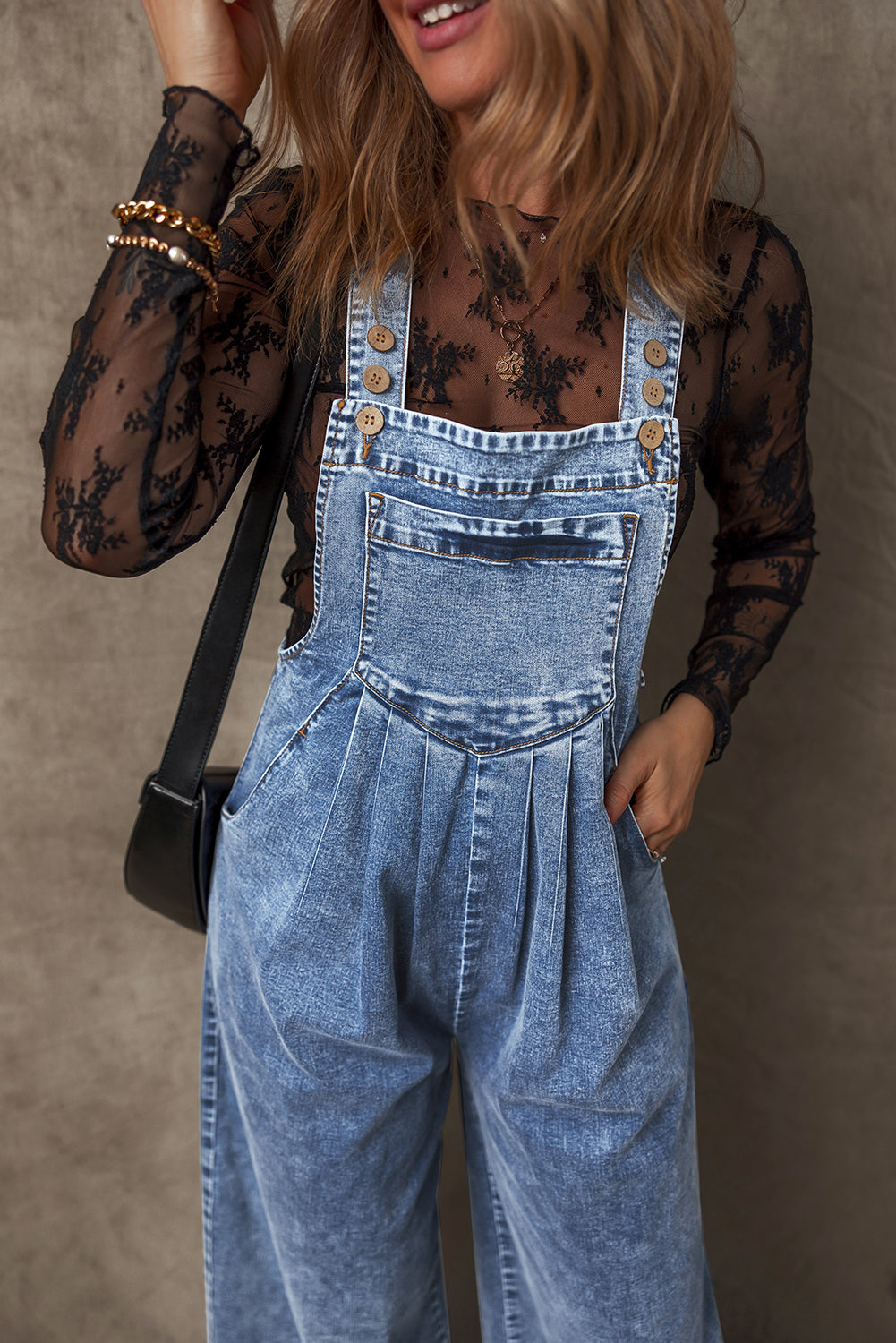 Mineral Wash Buttoned Straps Wide Leg Denim Overalls | Light Blue