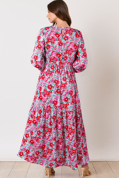 Floral Print Smocked Lantern Sleeve Tiered Maxi Dress | Sky Blue