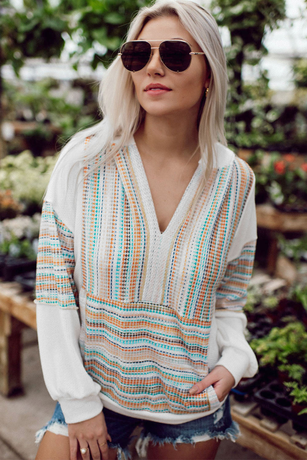 Striped Patchwork V Neck Drop Shoulder Knit Hoodie | Multicolour