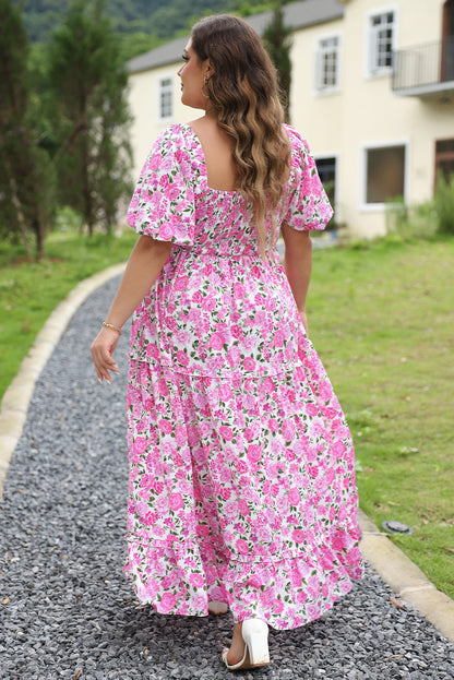 Plus Size Floral Print Smocked Puff Sleeve Dress | Pink