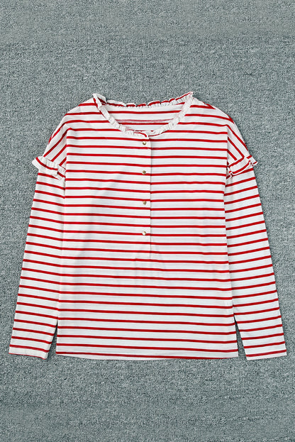 Striped Print Ruffled Buttoned Long Sleeve Top | Red