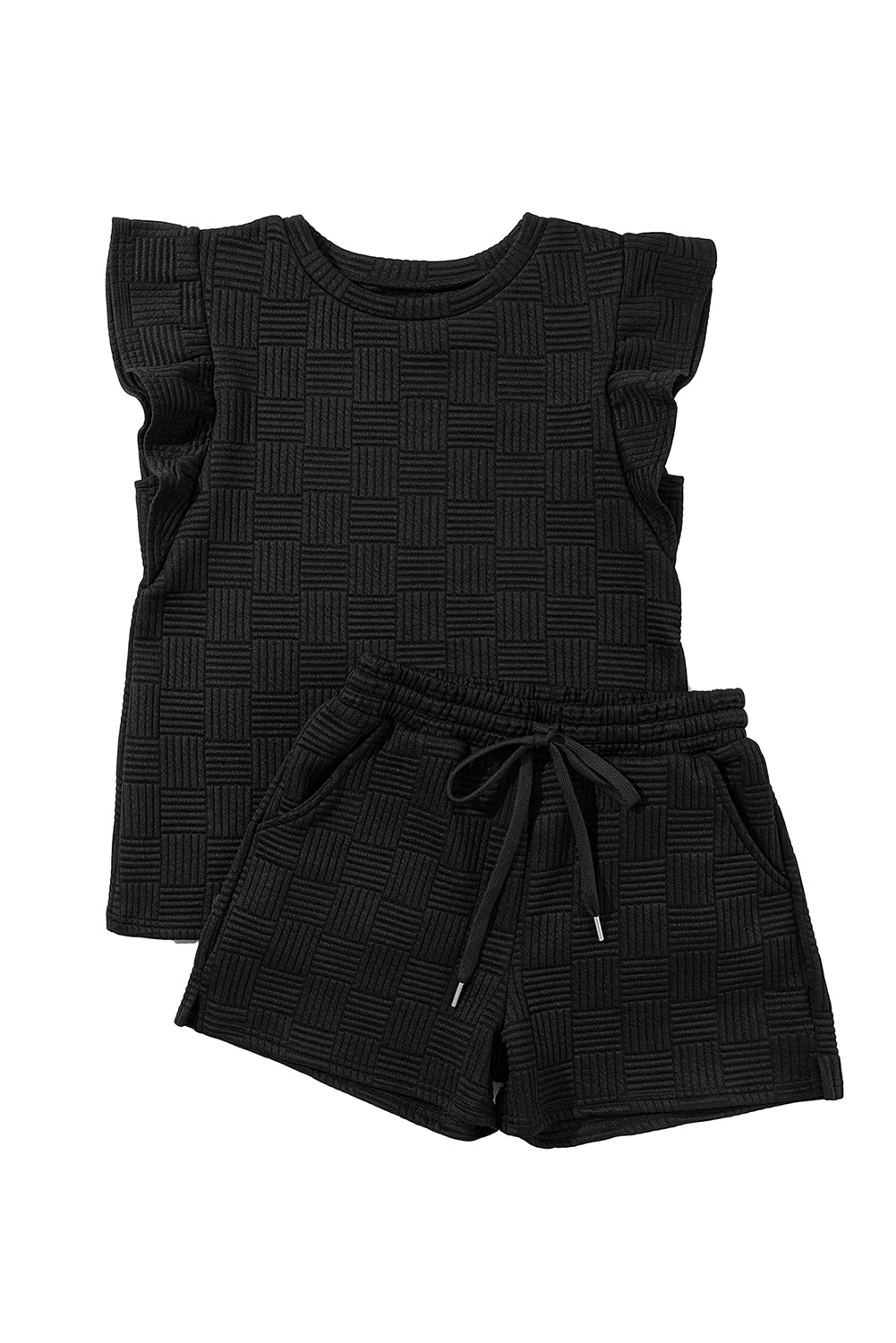 Textured Ruffled Sleeve Tee And Drawstring Shorts Set | Black