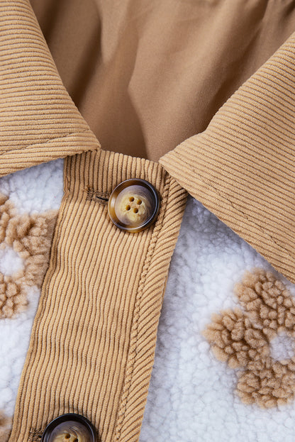 Cute Flower Pattern Button Up Fleece Jacket | Light French Beige