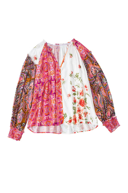 Multicolour Floral Patchwork Shirred Cuffs Buttoned Blouse | Pink