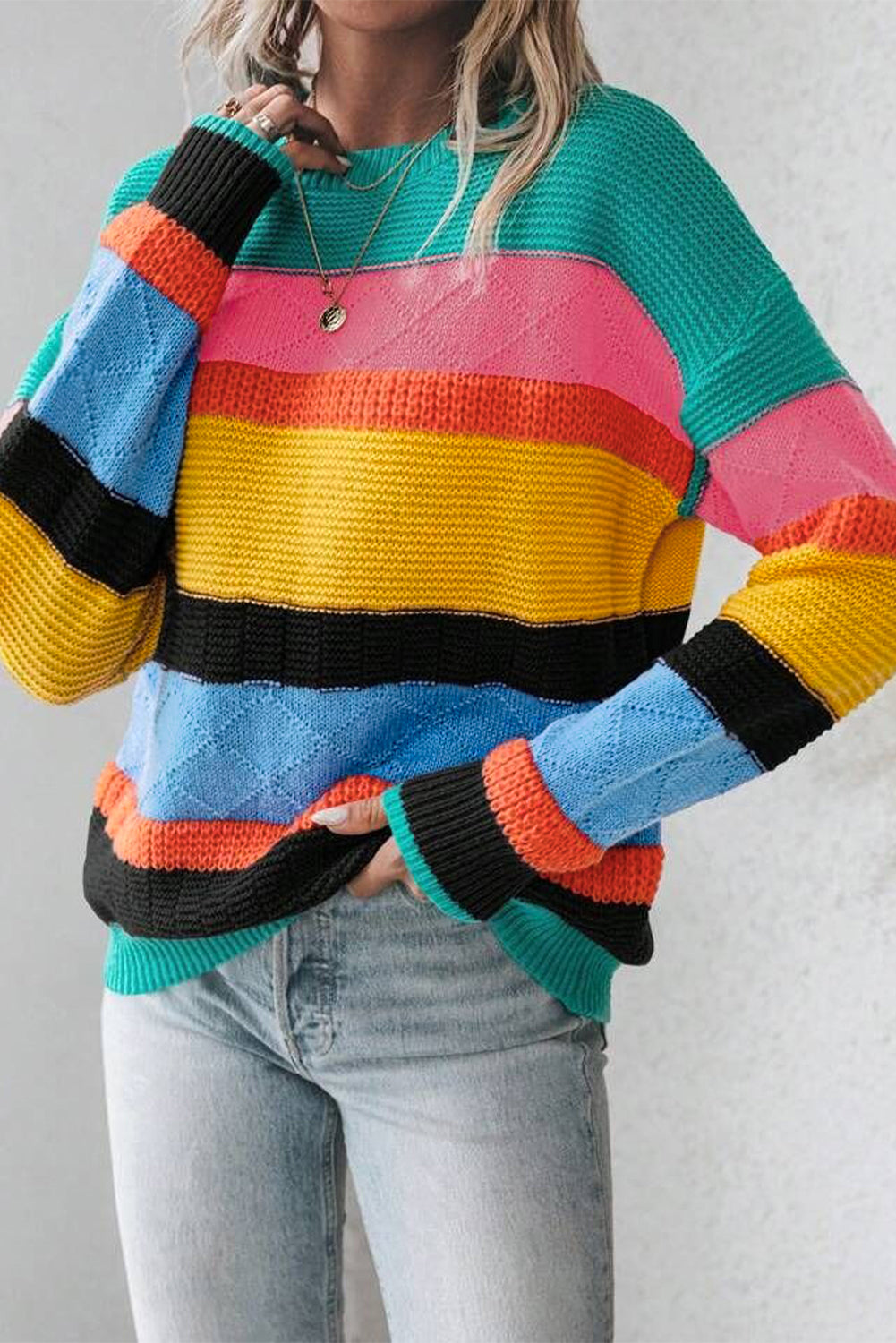 Colourblock Mixed Textured Drop Shoulder Sweater | Yellow