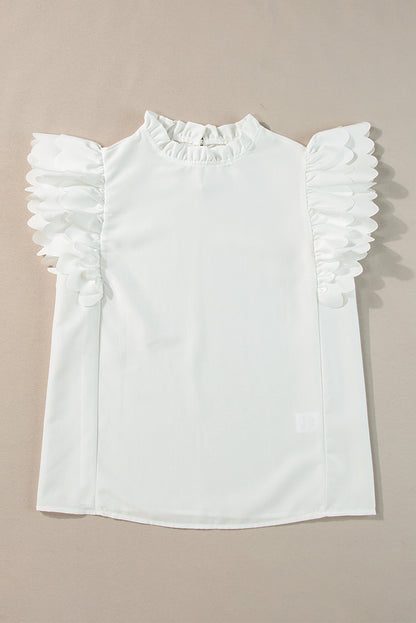 Solid Colour Scalloped Ruffle Sleeve Top | White