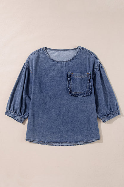 3/4 Sleeve Ruffled Patched Pocket Denim Blouse | Sky Blue