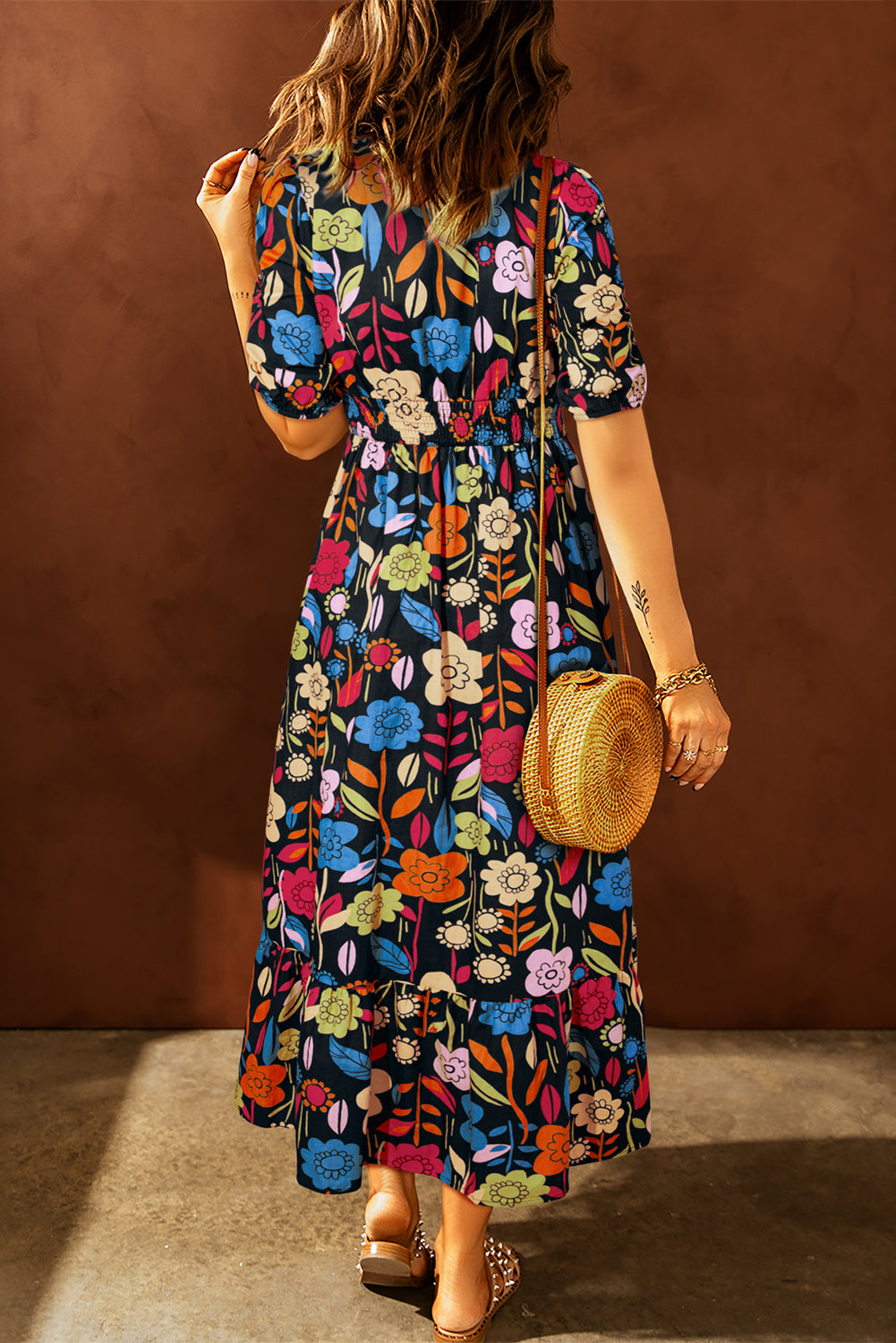 Retro Floral Printed Split Neck Maxi Dress | Black