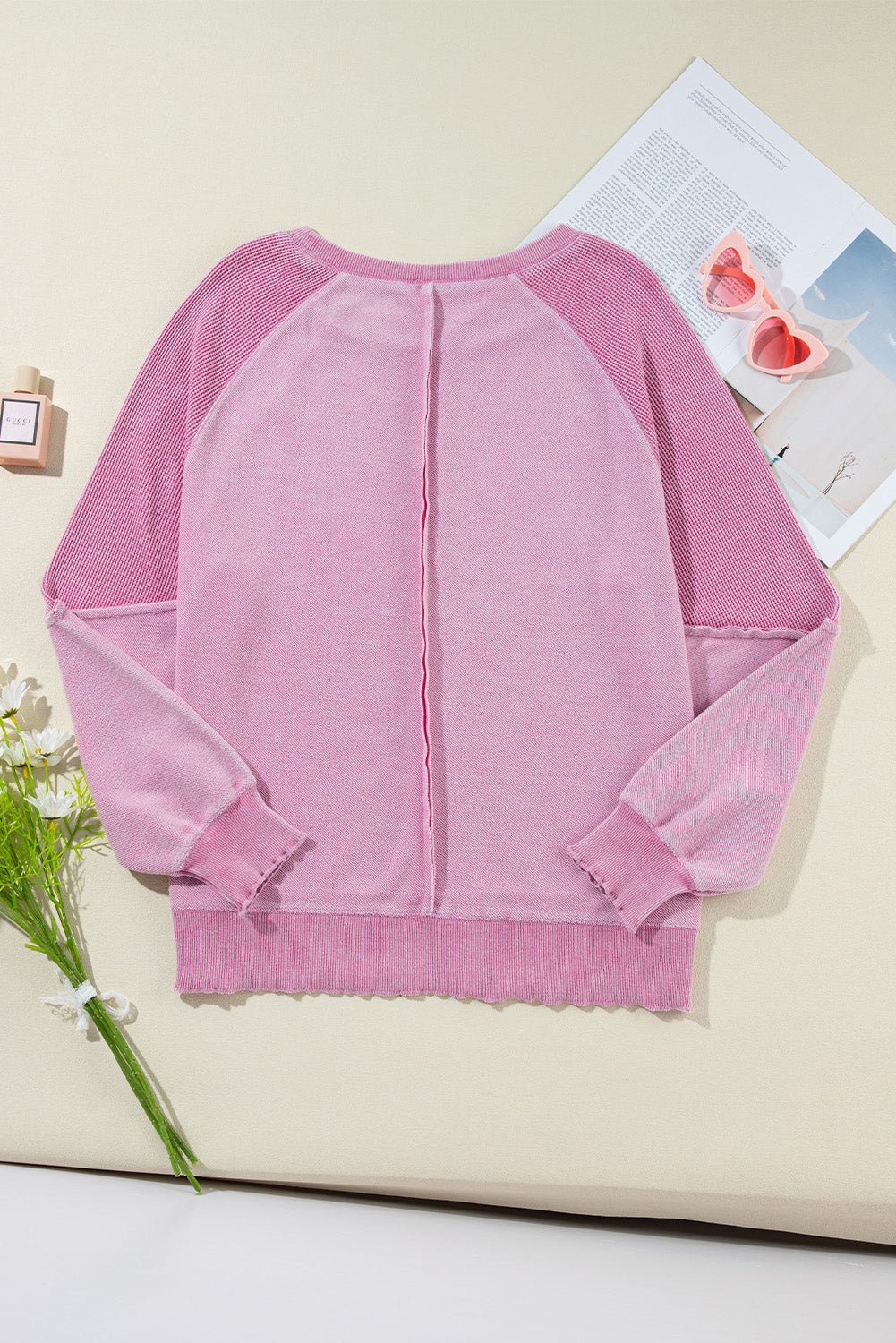 Waffle Knit Patchwork Exposed Seam Raglan Sweatshirt | Pink