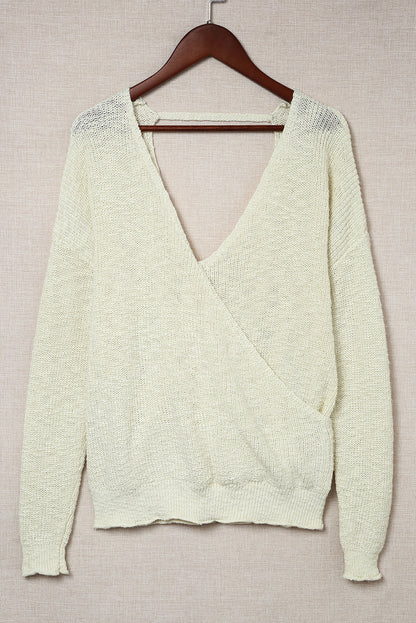 V Neck Wrap Backless Knit Sweater | Beige