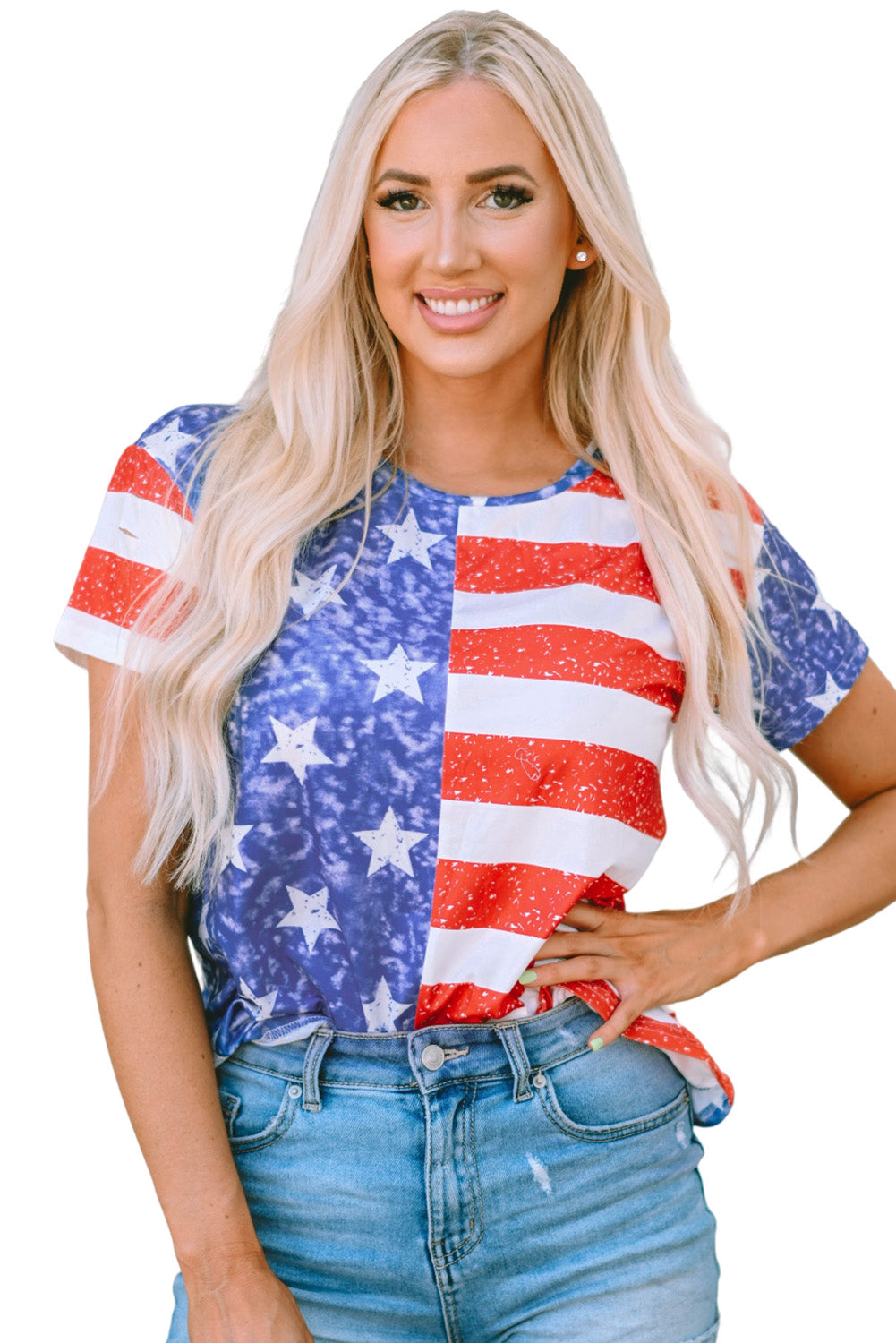 American Flag Print Distressed Crew Neck T Shirt | Stripe