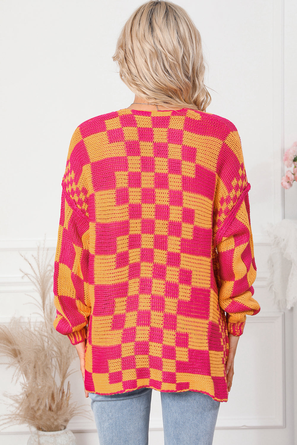 Open Front Mixed Checkered Pattern Knit Cardigan | Multicolour