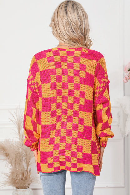 Open Front Mixed Checkered Pattern Knit Cardigan | Multicolour