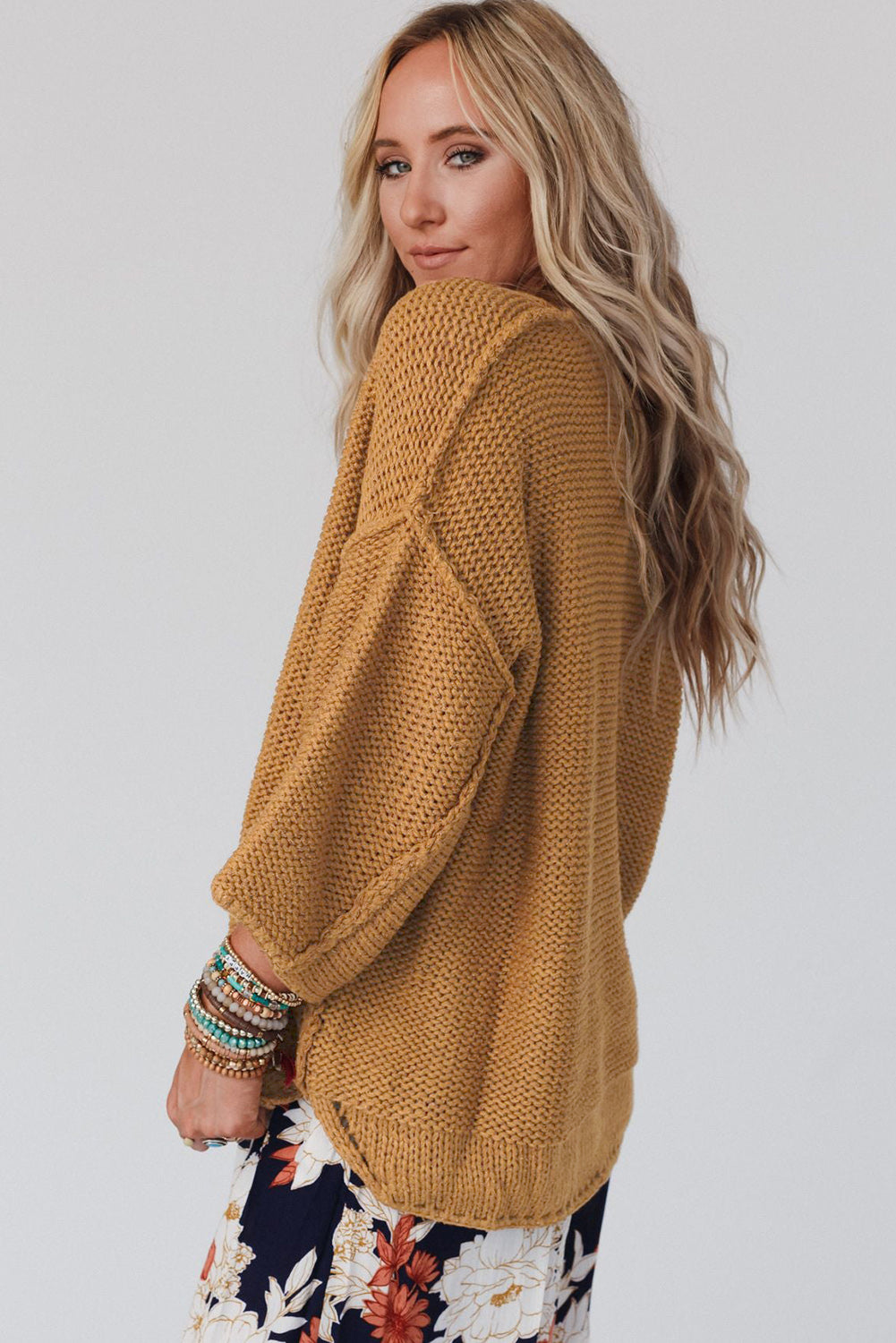 Slouchy Textured Knit Loose Sweater | Brown