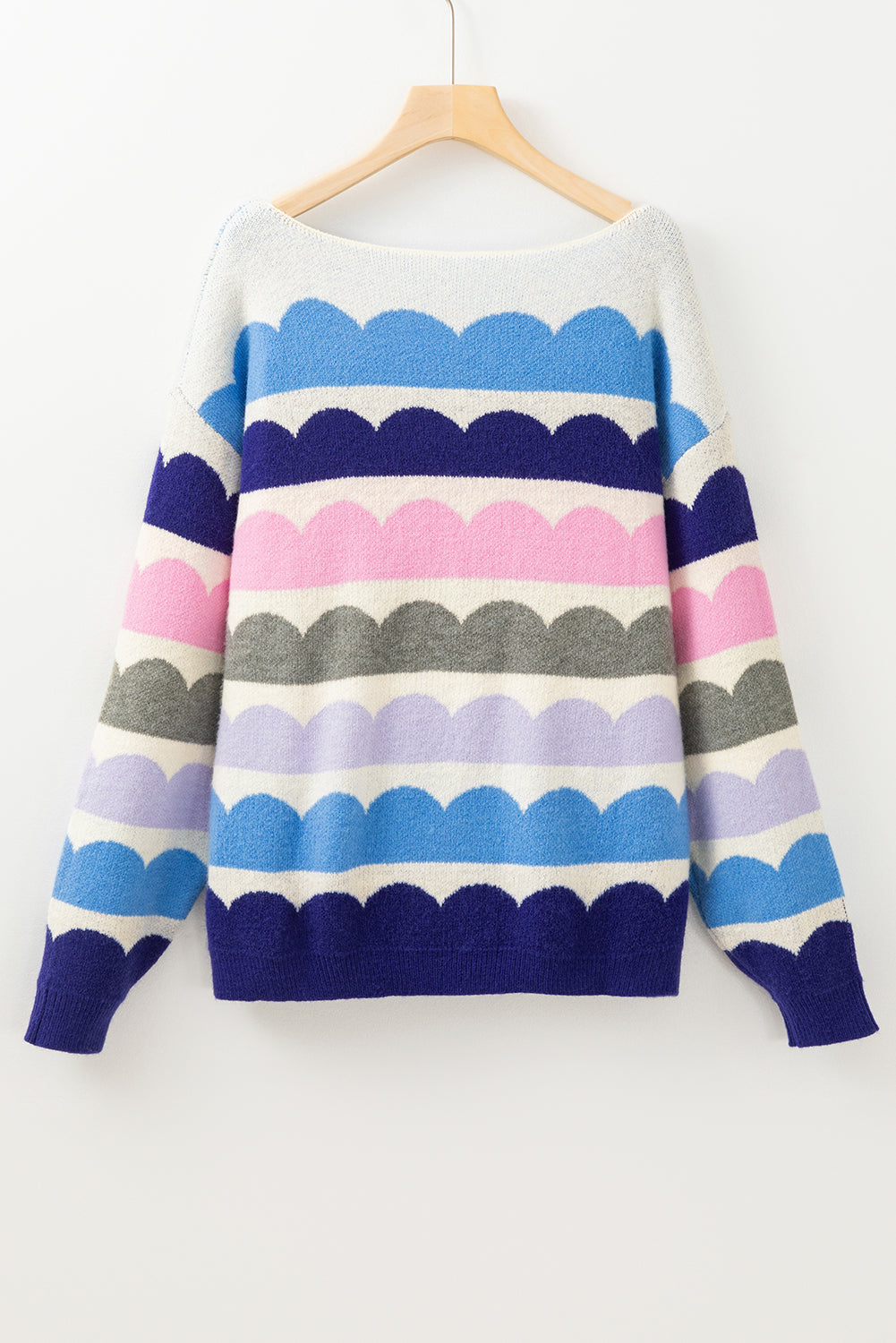 Wave Striped Balloon Sleeve Drop Shoulder Sweater | Dark Blue