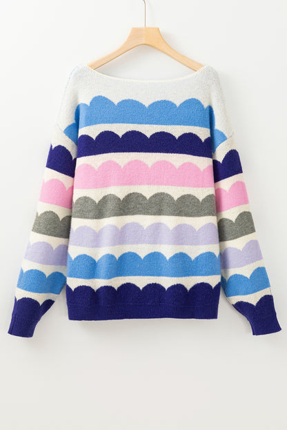 Wave Striped Balloon Sleeve Drop Shoulder Sweater | Dark Blue