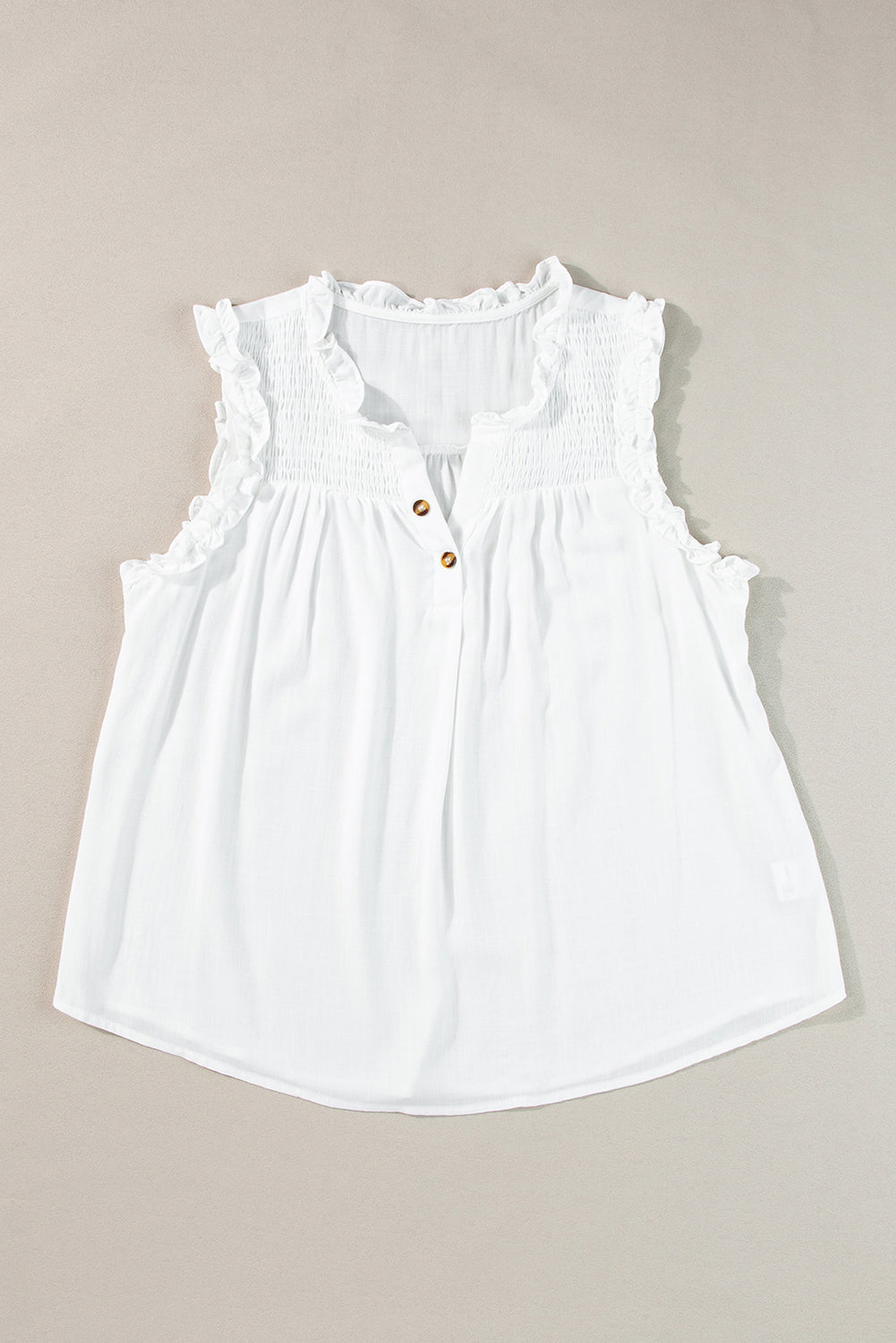 Button Split Neck Ruffled Trim Tank Top | White