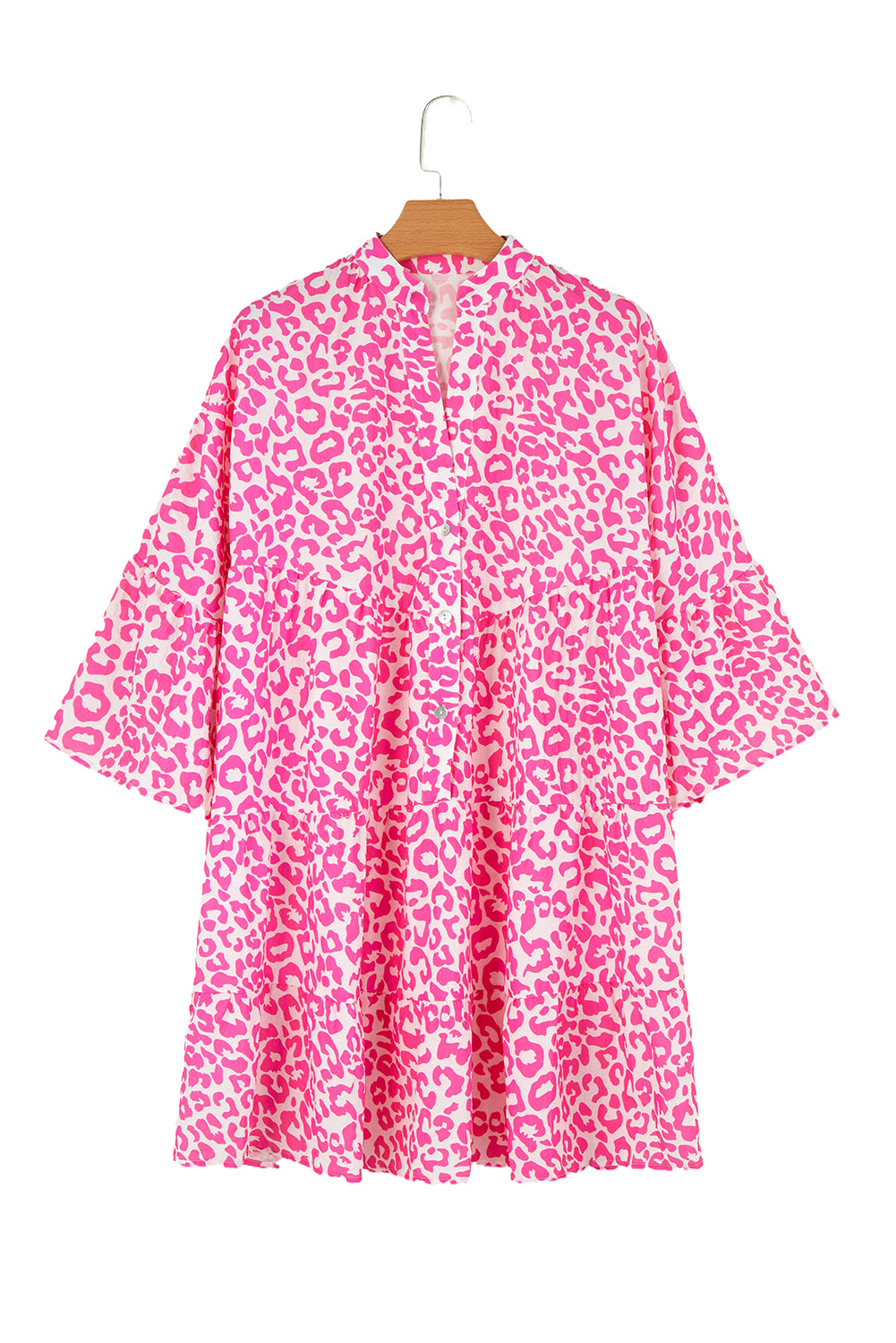 Leopard Printed Long Sleeve Buttoned Front Mini Dress | Bright Pink