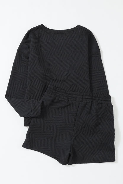 Textured Long Sleeve Top And Drawstring Shorts Set | Black