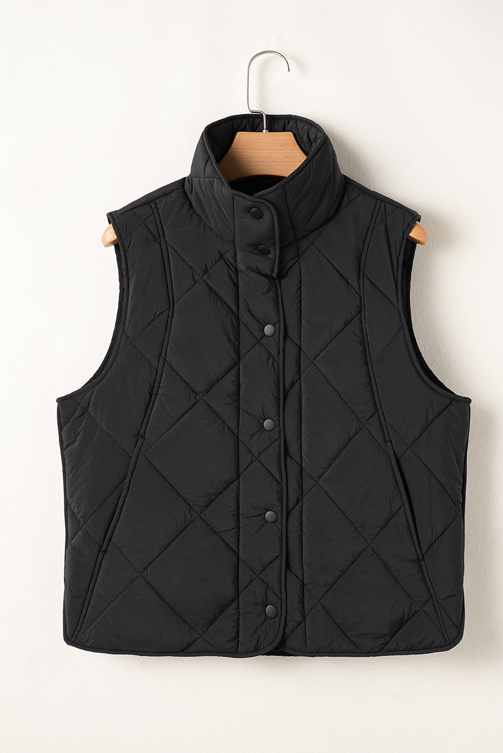 Quilted High Neck Button Up Pocket Vest Coat | Black