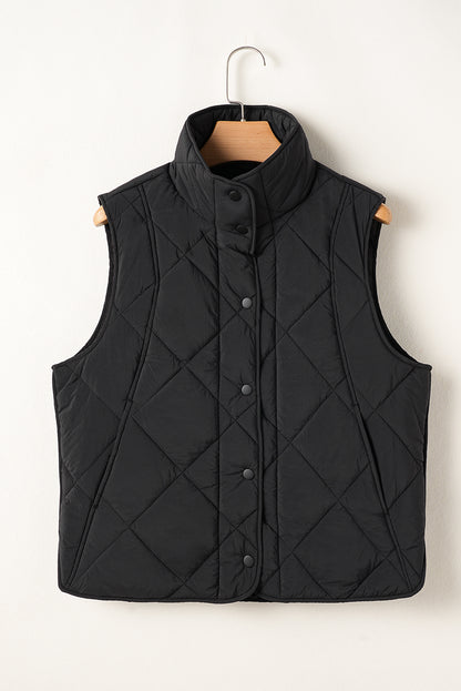 Quilted High Neck Button Up Pocket Vest Coat | Black