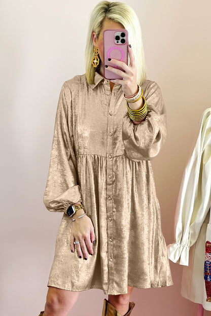 Metallic Sheen Puff Sleeve Button Up Mini Shirt Dress | Apricot