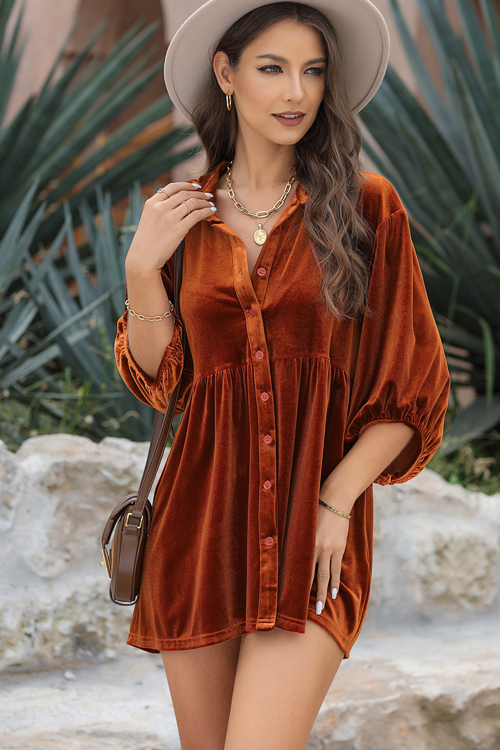 3/4 Sleeve Tunic Babydoll Velvet Shirt | Chestnut