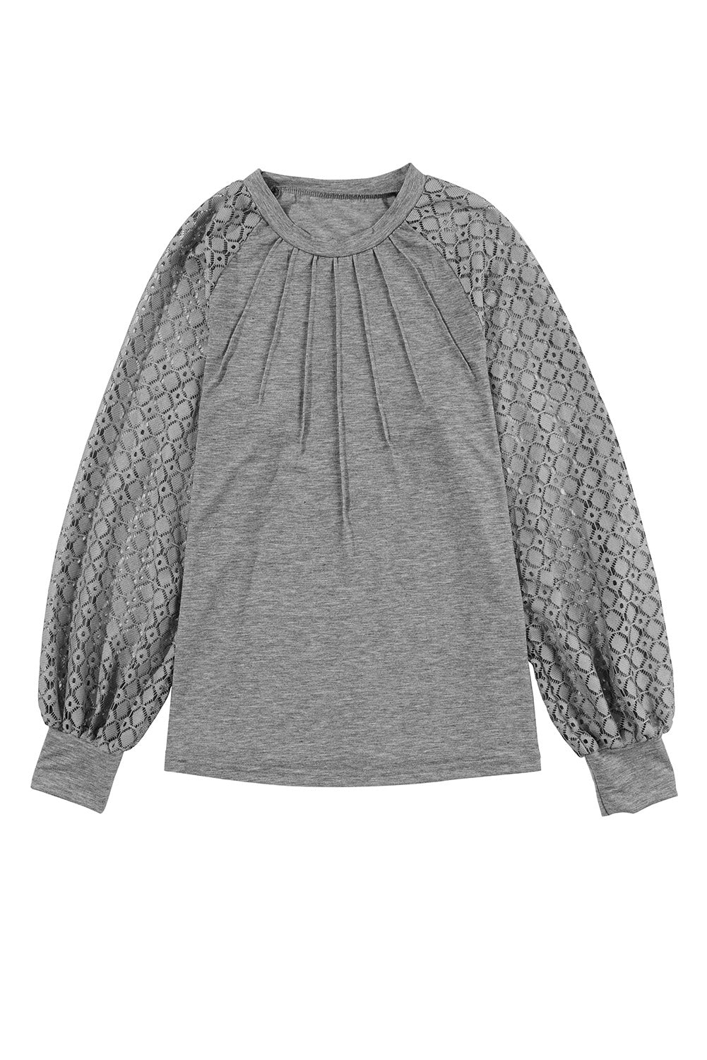 Contrast Lace Raglan Sleeve Plicated Knit Top | Gray