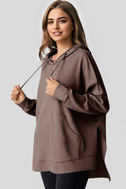 Waffle Knit Fleece Lined High Low Oversized Hoodie | Coffee