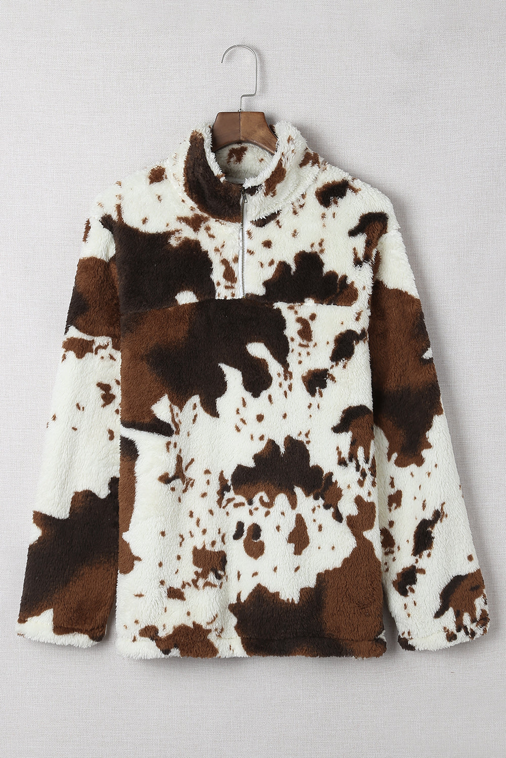 Zip Collar Cow Print Fleece Sweatshirt | White