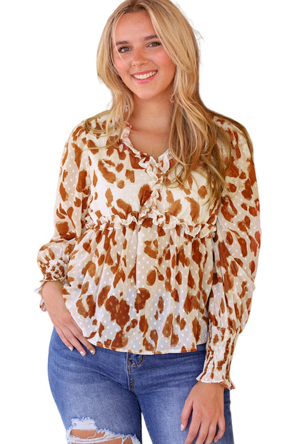 Jacquard Puff Sleeve Peplum Blouse | Leopard