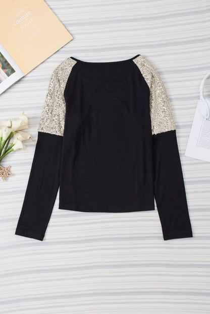 Sequin Patch Chest Pocket Raglan Sleeve Top | Black