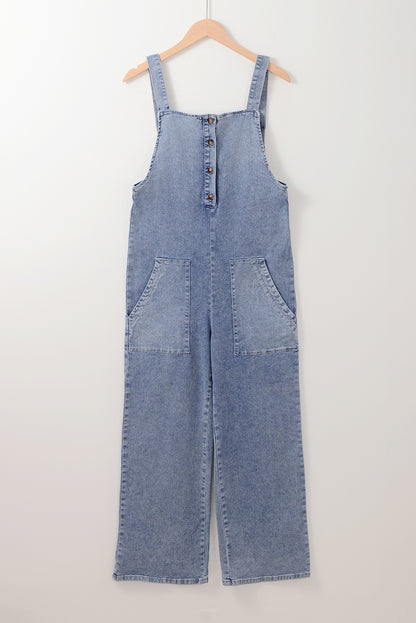 Washed Denim Half Buttons Patched Pocket Wide Leg Overalls | Stone Blue