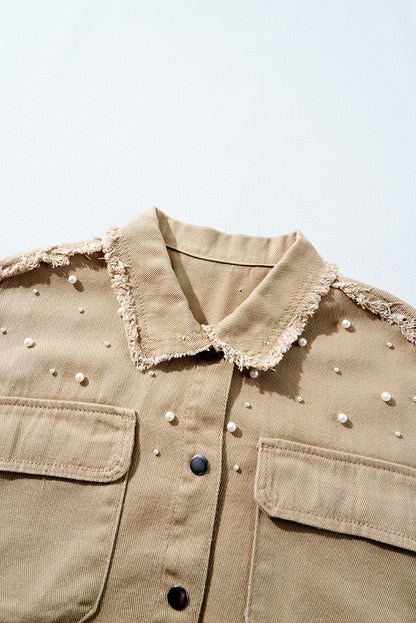 Pearl Beaded Raw Hem Button Up Denim Jacket | Khaki