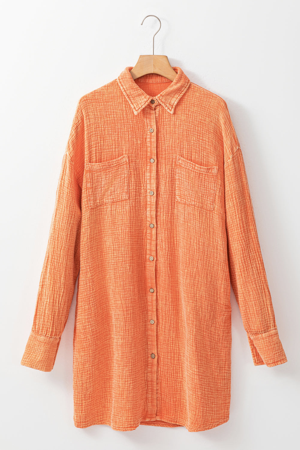 Crinkled Dual Chest Pocket Oversized Shirt Dress | Orange