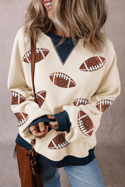 Sequin Football Graphic Crew Colourblock Sweatshirt | White