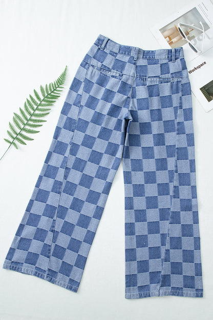 Checkered Denim Wide Leg Jeans | Dusk Blue