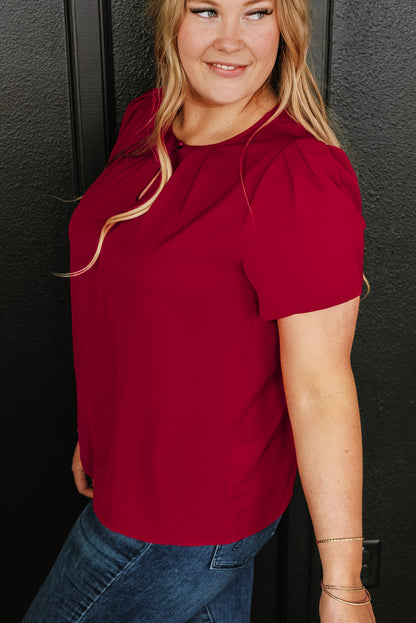 Keyhole Pleated Crew Neck Plus Size T Shirt | Red Dahlia