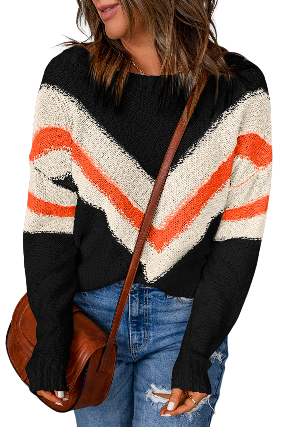 Chevron Striped Drop Shoulder Sweater | Black