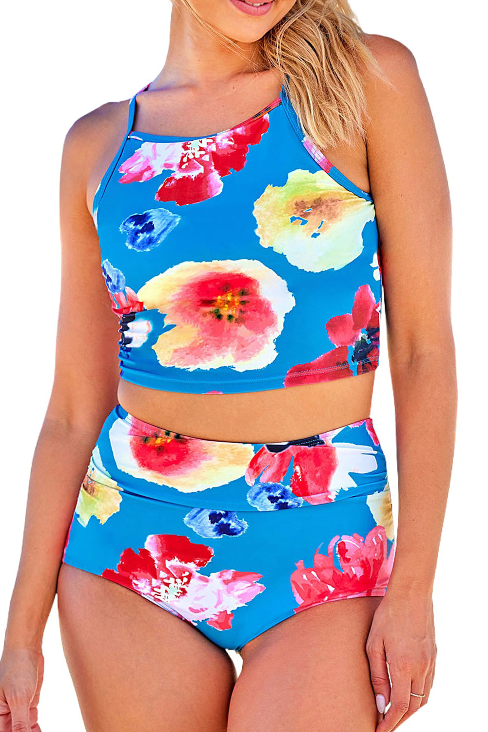 Floral Print Spaghetti Straps Tankini Set | Blue