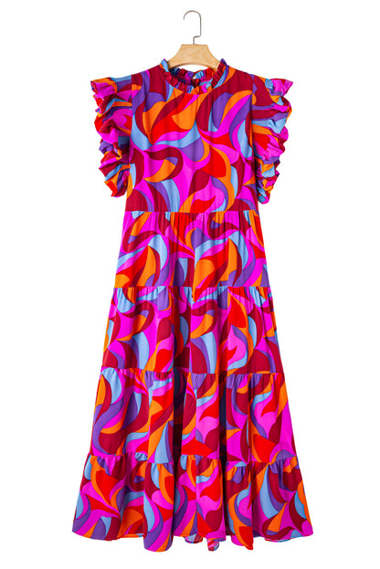 Plus Abstract Print Ruffled Mock Neck Tiered Maxi Dress | Multicolour