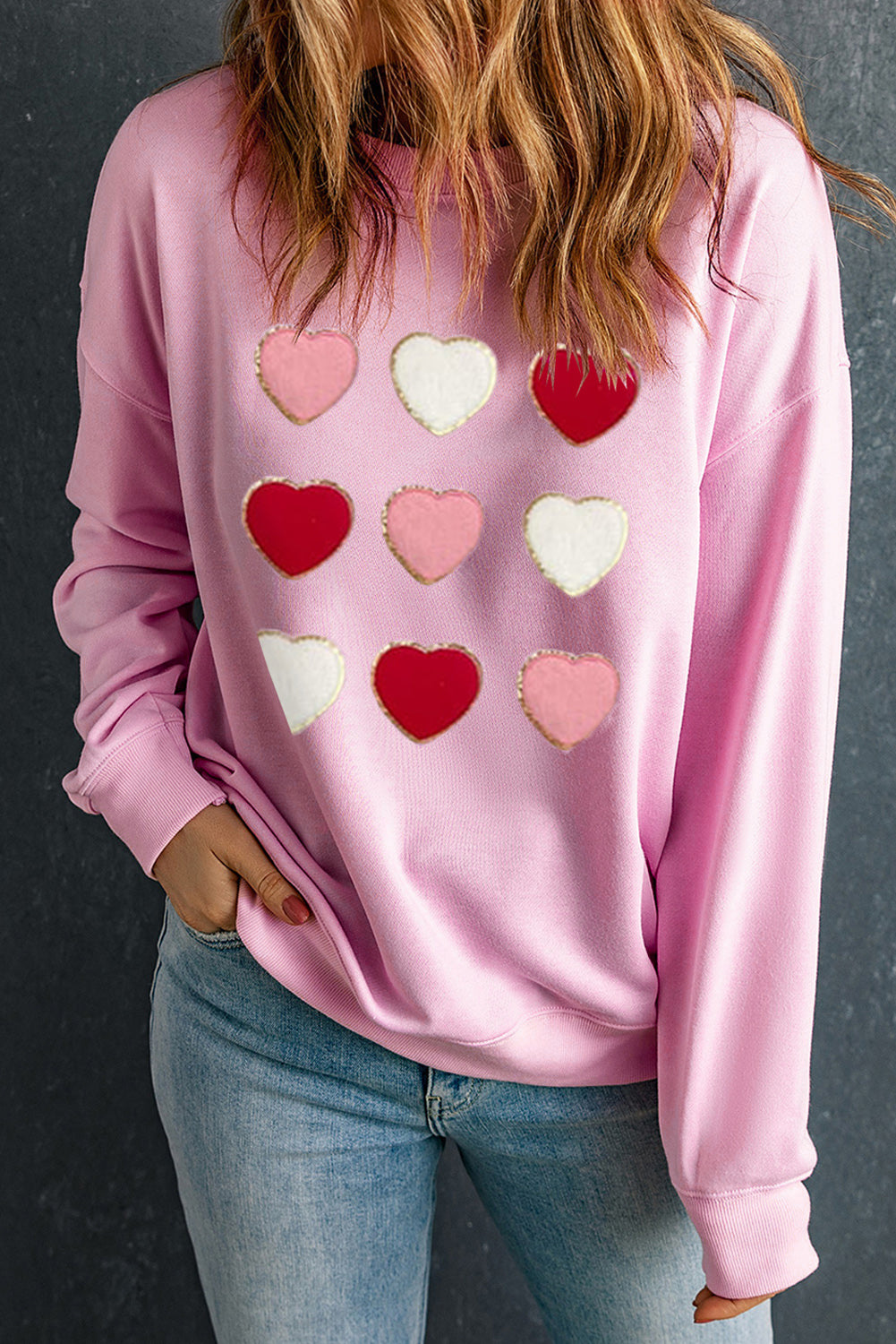 Glitter Chenille Heart Patch Valentines Sweatshirt | Pink