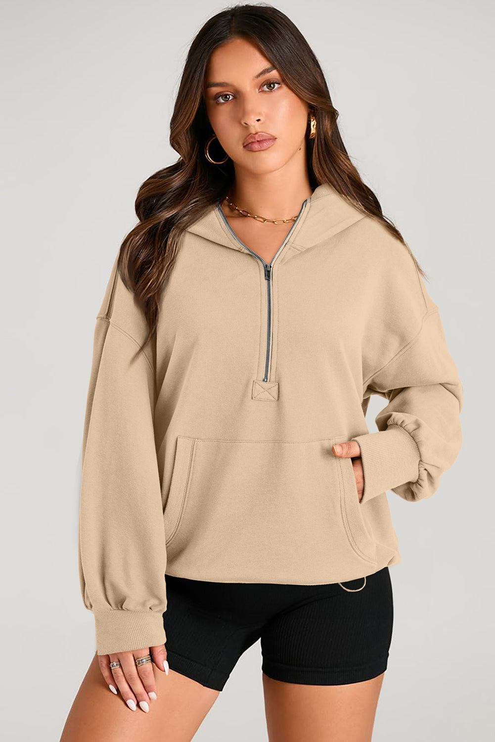 Solid Kangaroo Pocket Half Zipper Oversized Hoodie | Parchment