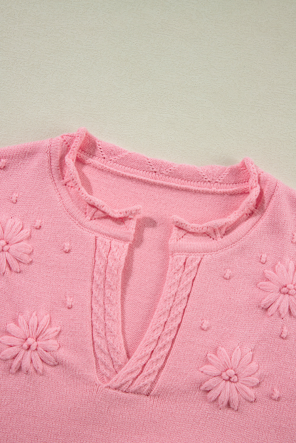 Flower Detail Knitted Notched Neck Sweater | Peach Blossom